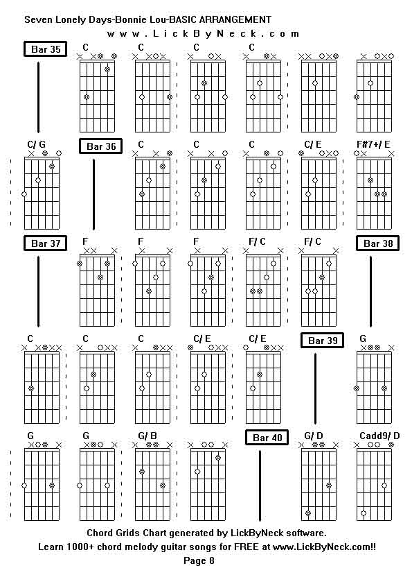 Chord Grids Chart of chord melody fingerstyle guitar song-Seven Lonely Days-Bonnie Lou-BASIC ARRANGEMENT,generated by LickByNeck software.